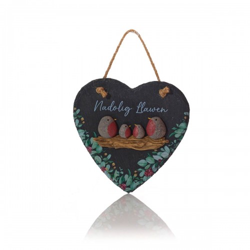 Welsh Christmas Robin Slate Heart Hanger  
