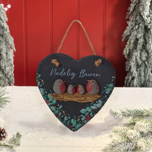 Welsh Christmas Robin Slate Heart Hanger  